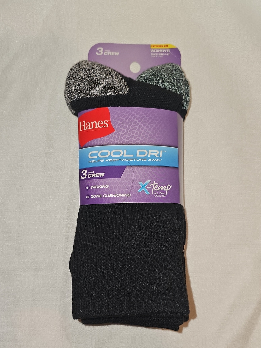 Hanes Extended Size Women's Shoe Size 8-12 Black Crew Cool-Dri Socks 3 Pairs New